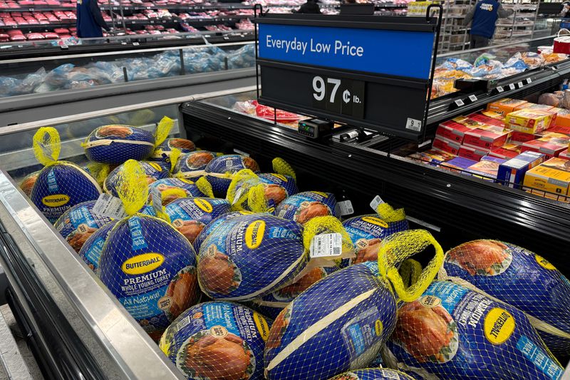 Butterball frozen turkeys, part of Walmart's basket of Thanksgiving goods, are displayed for sale at a store in Valley Stream, New York, U.S., November 6, 2025. REUTERS/Kylie Cooper