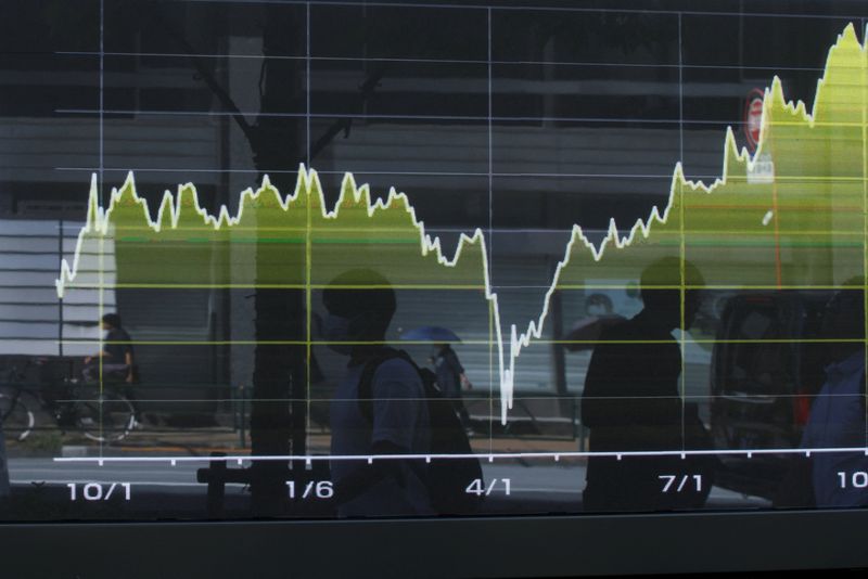 A graph on a screen displays Japan's Nikkei share average outside a brokerage, as the Tokyo Stock Exchange started trading after Japan's governing Liberal Democratic Party elected a new leader on October 4, outside a brokerage in Tokyo, Japan, October 6, 2025. REUTERS/Androniki Christodoulou