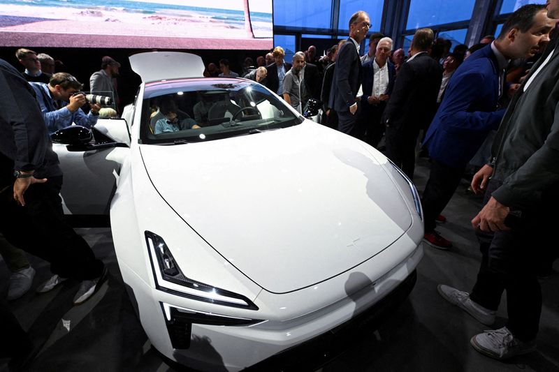 FILE PHOTO: Polestar's newest EV, the Polestar 5, is displayed at the IAA auto show in Munich, Germany, September 8, 2025. REUTERS/Angelika Warmuth/File Photo