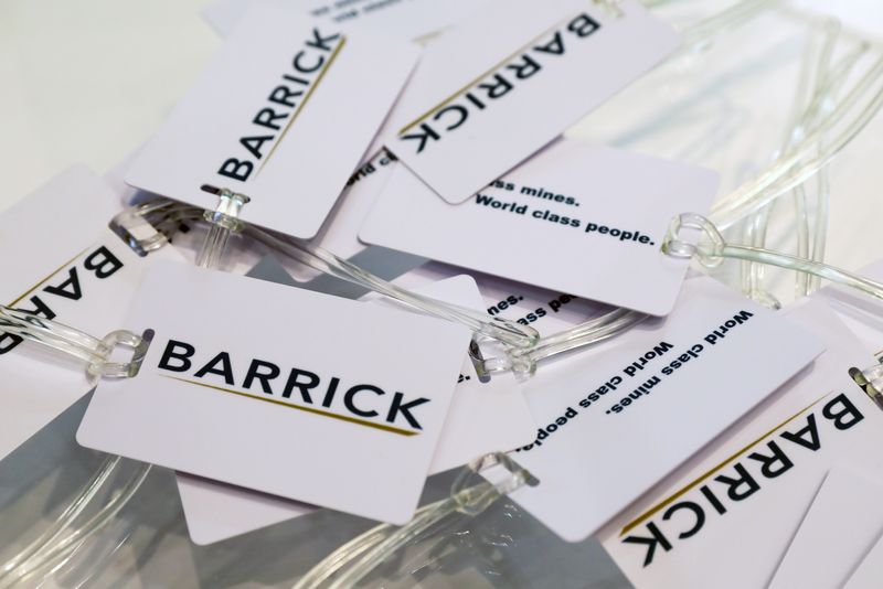 Souvenir luggage tags are displayed at a Barrick Mining Corp at the Prospectors and Developers Association of Canada (PDAC) annual conference in Toronto, Ontario, Canada March 1, 2020.  REUTERS/Chris Helgren