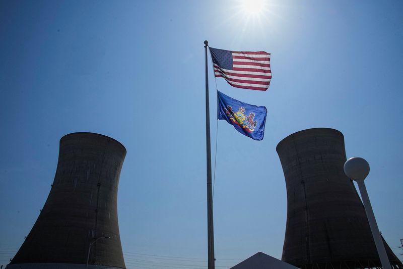 Cooling towers at the former Three Mile Island Nuclear power plant during a tour by Constellation Energy in Londonderry Township, Pennsylvania, U.S., June 25, 2025. REUTERS/Eduardo Munoz