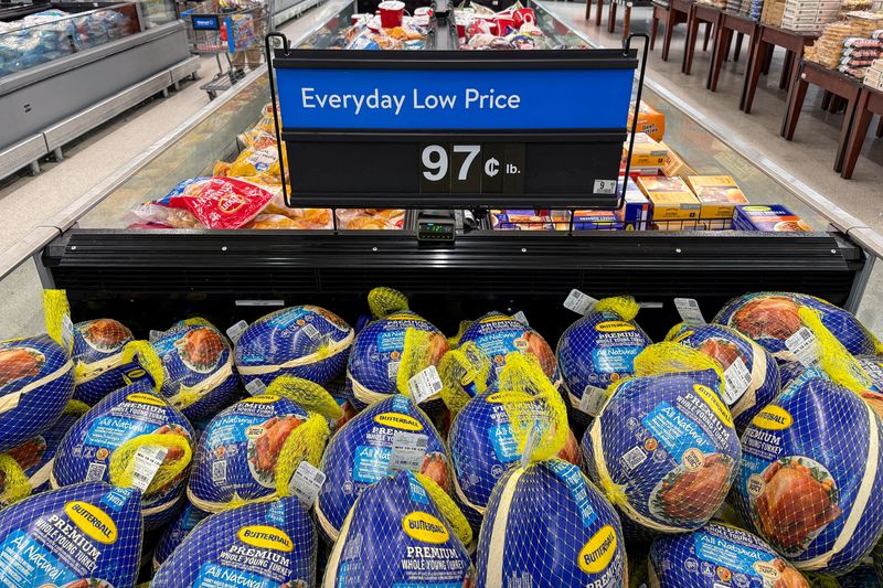 FILE PHOTO: Butterball frozen turkey, part of Walmart's basket of Thanksgiving goods, is displayed for sale at a store in Valley Stream, New York, U.S., November 6, 2025. REUTERS/Kylie Cooper/File Photo