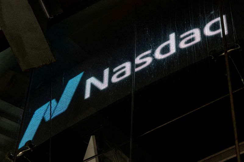 FILE PHOTO: The Nasdaq logo is displayed at the Nasdaq stock market site in New York City, U.S., July 16, 2025. REUTERS/Kylie Cooper/File Photo
