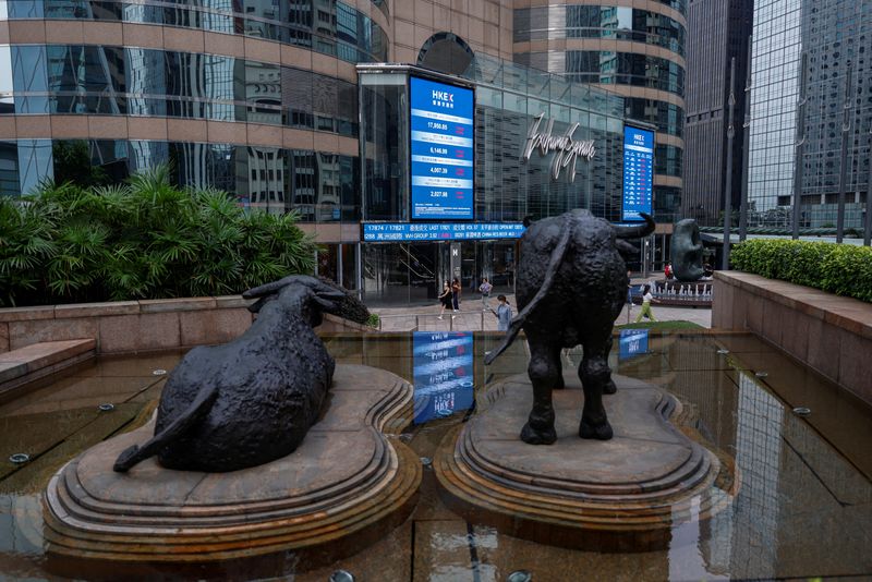 Bull statues are placed in font of screens showing the Hang Seng stock index and stock prices outside Exchange Square, in Hong Kong, China, August 18, 2023. REUTERS/Tyrone Siu