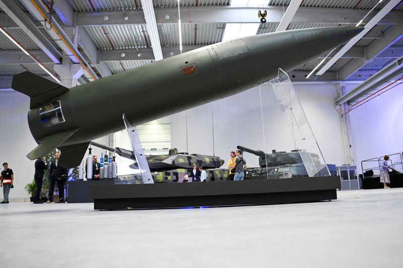 FILE PHOTO: An Army Tactical Missile System (ATACMS) is displayed during the inauguration of a new artillery plant of ammunition maker Rheinmetall, in Unterluess, Germany August 27, 2025. REUTERS/Annegret Hilse/File Photo