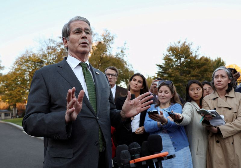 FILE PHOTO: U.S. Treasury Secretary Scott Bessent speaks to reporters at the White House in Washington, D.C., U.S., November 5, 2025. REUTERS/Kevin Lamarque/File Photo