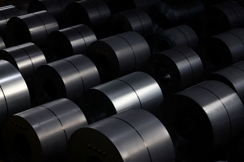 Steel coils are displayed at a ThyssenKrupp steel factory in Duisburg, Germany, November 5, 2025. REUTERS/Leon Kuegeler