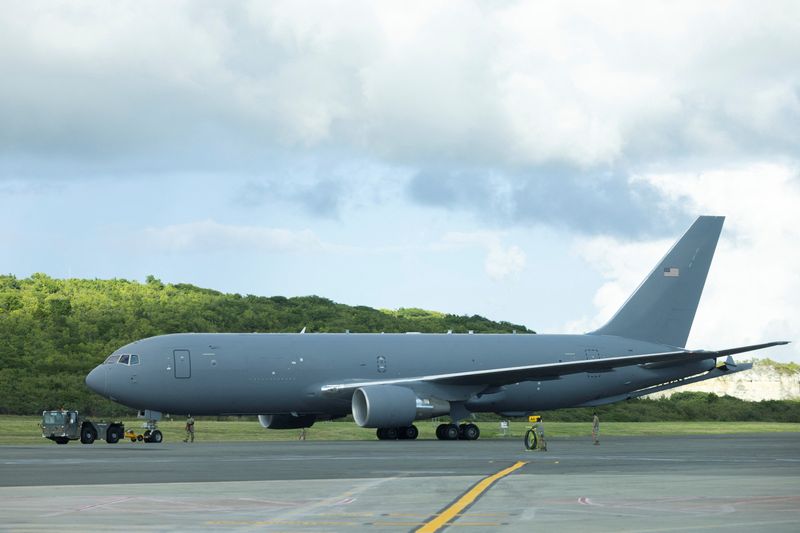 A U.S. Air Force KC-46A Pegasus tanker is pulled by an aircraft tug on the tarmac at Henry E. Rohlsen Airport in Christiansted, St. Croix, U.S. Virgin Islands, November 20, 2025. REUTERS/Ricardo Arduengo