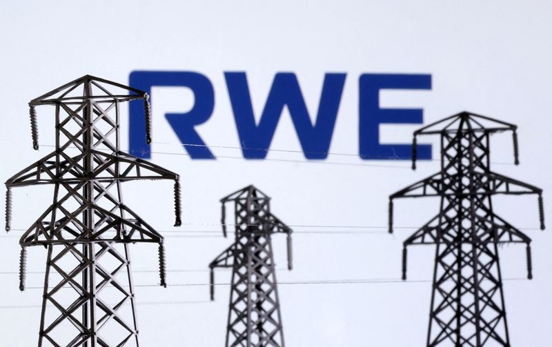 FILE PHOTO: Electric power transmission pylon miniatures and RWE logo are seen in this illustration taken, December 9, 2022. REUTERS/Dado Ruvic/Illustration/File Photo