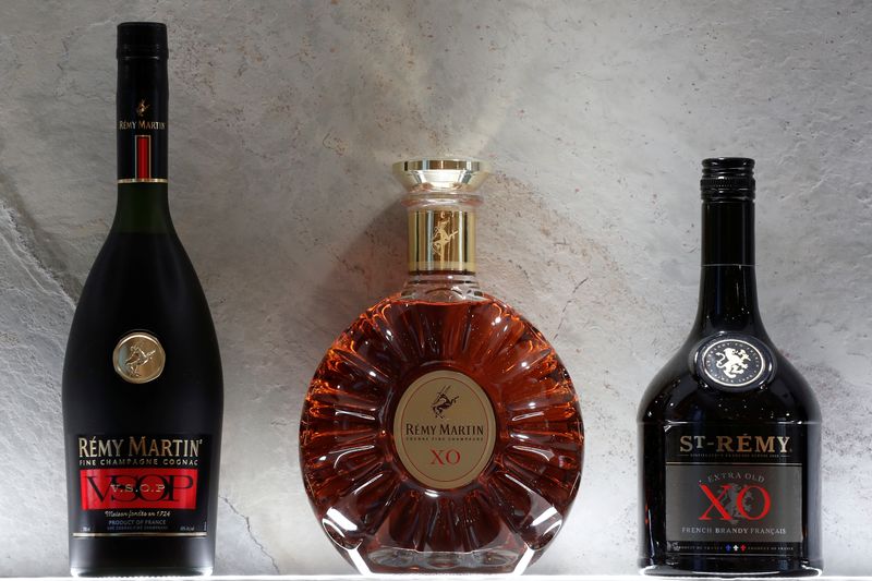 Bottles of Remy Martin VSOP cognac, Remy Martin XO cognac and St-Remy XO Brandy are displayed at the Remy Cointreau SA headquarters in Paris, France, January 21, 2019. REUTERS/Benoit Tessier