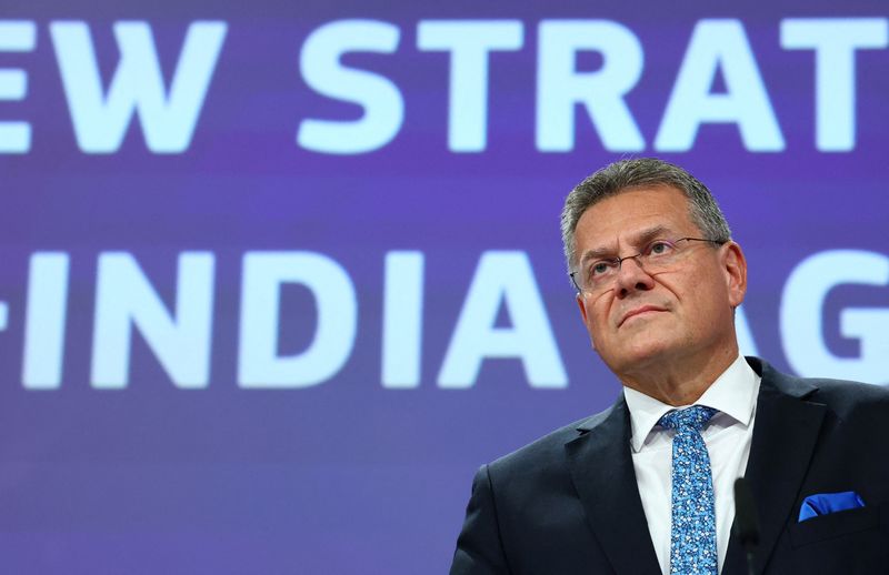 The European Commissioner for Trade Maros Sefcovic takes part in a press conference in Brussels, Belgium September 17, 2025  REUTERS/Yves Herman