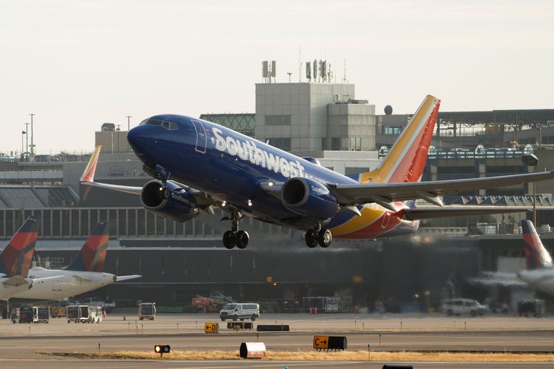 A Southwest Airlines plane takes off from Minneapolis–Saint Paul International Airport in Minneapolis, Minnesota, U.S., November 7, 2025.  REUTERS/Tim Evans