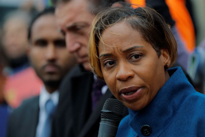 Massachusetts Attorney General Andrea Joy Campbell during a rally on the steps of the Massachusetts Statehouse in Boston, Massachusetts, U.S., October 28, 2025. REUTERS/Brian Snyder