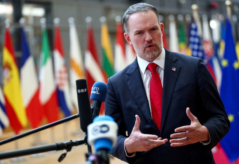 FILE PHOTO: U.S. Trade Representative Jamieson Greer speaks to the media while attending a working lunch with EU ministers responsible for trade, in Brussels, Belgium, November 24, 2025. REUTERS/Piroschka van de Wouw/File Photo