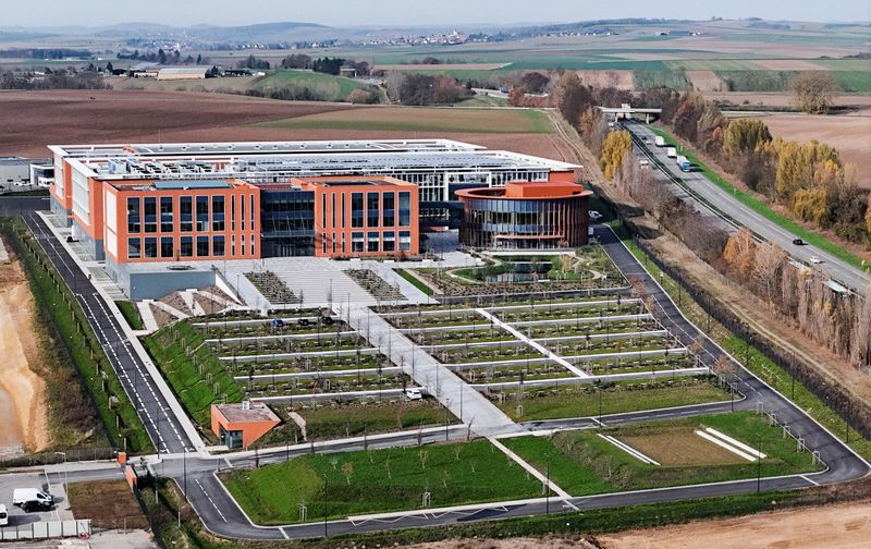 A drone view of the new plant built for Chinese telecom company Huawei, outside Brumath, near Strasbourg, France, November 13, 2025. REUTERS/Christian Hartmann
