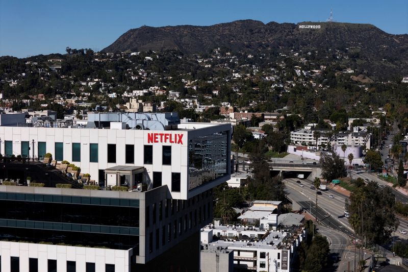 A drone view shows the Netflix logo on one of their buildings in the Hollywood neighborhood of Los Angeles, California, December 8, 2025. REUTERS/Daniel Cole
