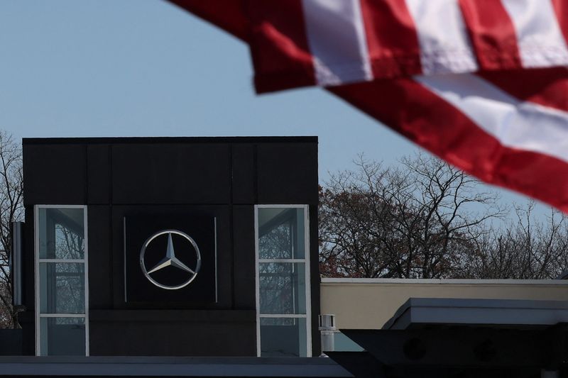 The Mercedes-Benz logo is seen at a dealership in Copiague, New York, U.S., April 2, 2025. REUTERS/Shannon Stapleton