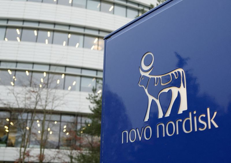 FILE PHOTO: The logo of pharmaceutical company Novo Nordisk is displayed in front of its offices in Bagsvaerd, on the outskirts of Copenhagen, Denmark, December 3, 2025. REUTERS/Tom Little/File Photo