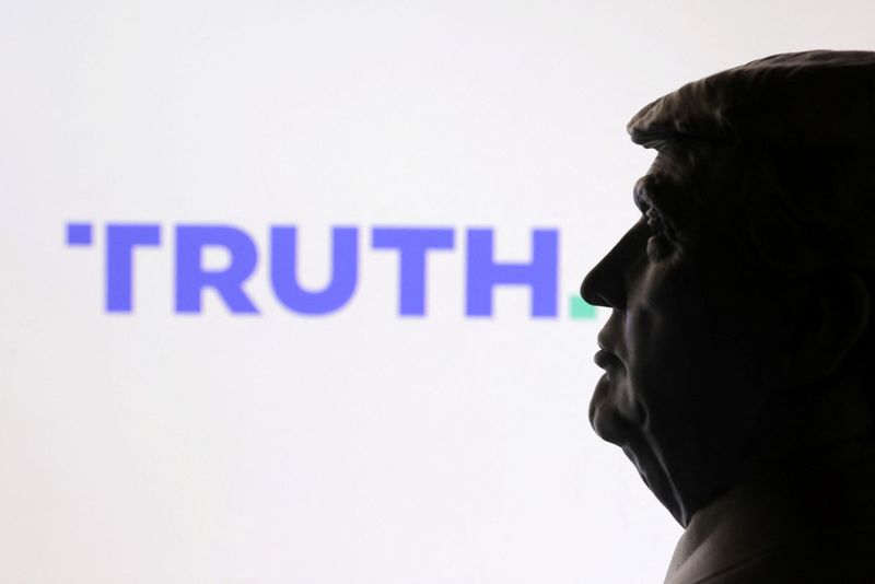 A 3D printed miniature of U.S. President Donald Trump and the Truth Social logo are seen in this illustration taken June 22, 2025. REUTERS/Dado Ruvic/Illustration