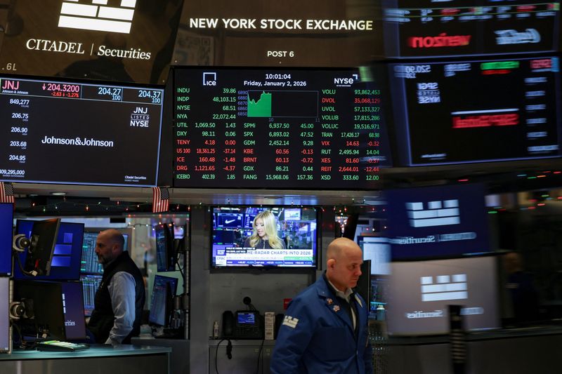 A screen displays trading of the S&P 500 Index at the New York Stock Exchange (NYSE) in New York City, U.S., January 2, 2026. REUTERS/Jeenah Moon