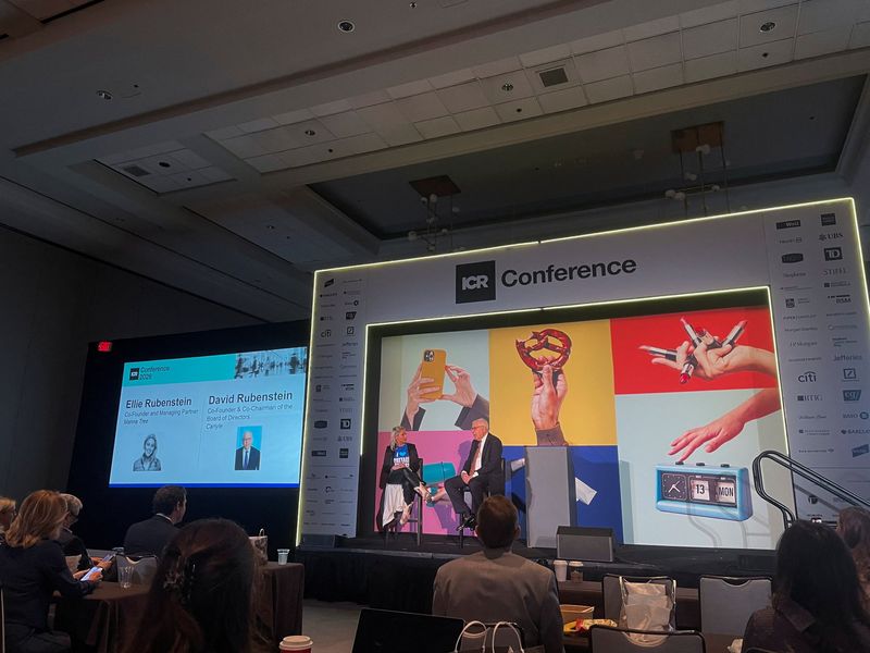 David Rubenstein and Ellie Rubenstein give the keynote address during the ICR Conference 2026 in Orlando, Florida, U.S., January 12, 2026. Abigail Summerville/REUTERS