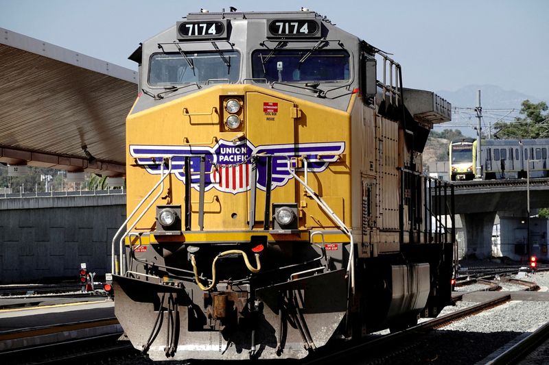 FILE PHOTO: A  diesel-electric locomotive in Union Pacific livery is seen at Union Station in Los Angeles, California, U.S., September 15, 2022. REUTERS/Bing Guan/File Photo