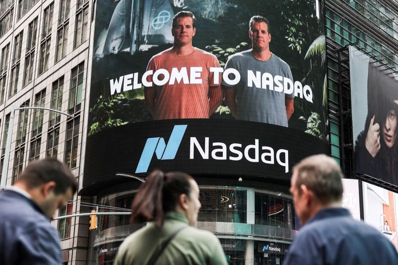 A screen displays the Nasdaq logo, in New York City, U.S., September 12, 2025. REUTERS/Jeenah Moon