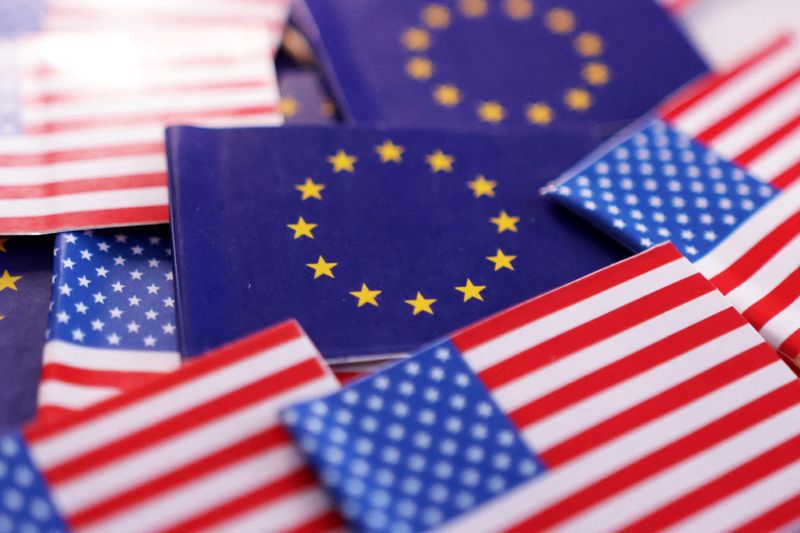 FILE PHOTO: U.S. and European Union flags are seen in this illustration taken March 20, 2025. REUTERS/Dado Ruvic/Illustration/File Photo