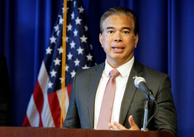 FILE PHOTO: California Attorney General Rob Bonta announces that the state is suing the White House to restore SNAP funding before the cutoff during a news conference in Sacramento, California, U.S., October 28, 2025.  REUTERS/Fred Greaves/File Photo