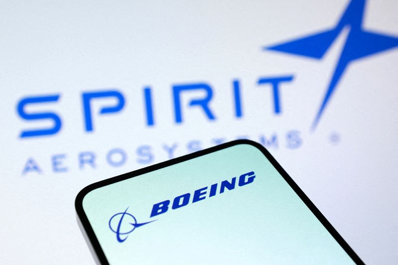 FILE PHOTO: Boeing and Spirit Aerosystems logos are seen in this illustration taken December 3, 2025. REUTERS/Dado Ruvic/Illustration/File Photo