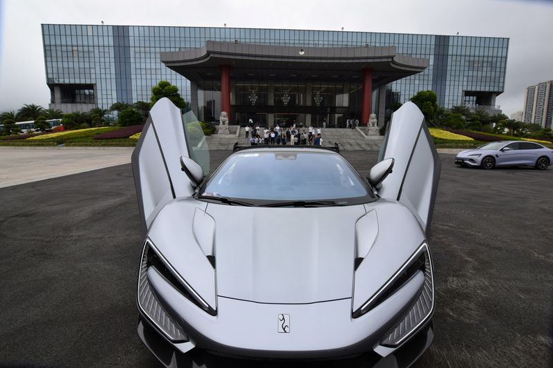 The BYD Yangwang U9, an electric supercar, sits in front of the Chinese automaker?s headquarters during test drives for visitors in Shenzhen, China, April 18, 2025. REUTERS/Nick Carey To Match Special Report
