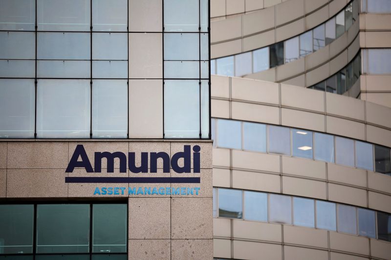 A logo of Amundi is seen outside the company headquarters in Paris, France, February 3, 2023. REUTERS/Sarah Meyssonnier