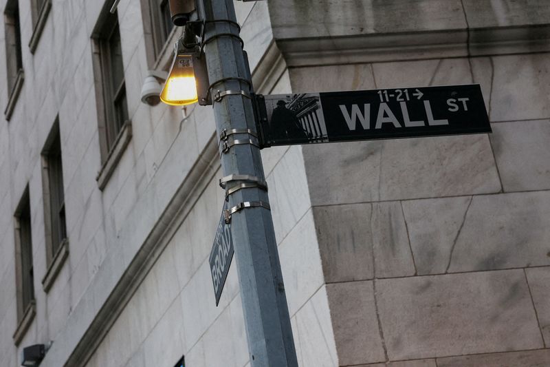 FILE PHOTO: The Wall Street sign hangs outside the New York Stock Exchange (NYSE) building in New York City, U.S., March 11, 2025. REUTERS/Shannon Stapleton/File Photo