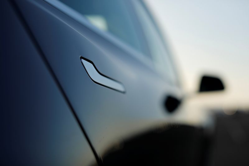 The door handle on a 2018 Tesla Model 3 electric vehicle is shown in this photo illustration taken in Cardiff, California, U.S., June 1, 2018. REUTERS/Mike Blake/File Photo