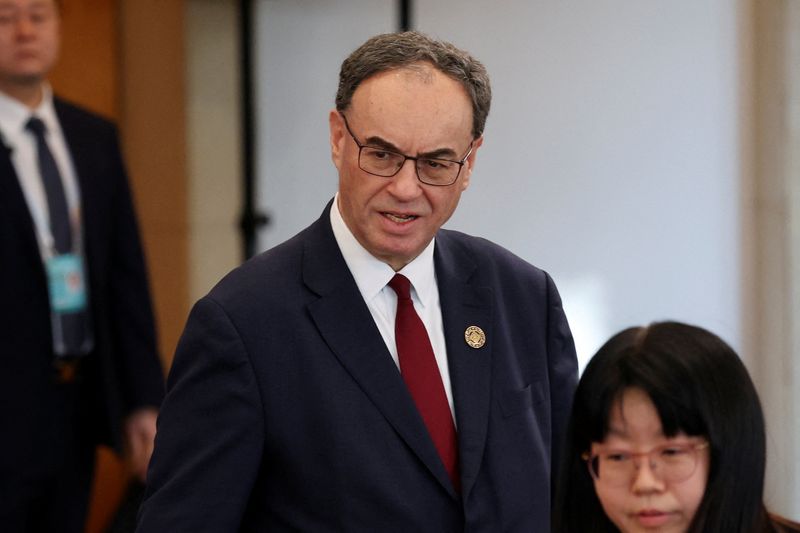 Financial Stability Board (FSB) Chair Andrew Bailey arrives for the "1+10" Dialogue with Chinese Premier Li Qiang (not pictured) and heads of major economic organisations, at the Diaoyutai State Guesthouse in Beijing, China December 9, 2025. REUTERS/Florence Lo/File Photo