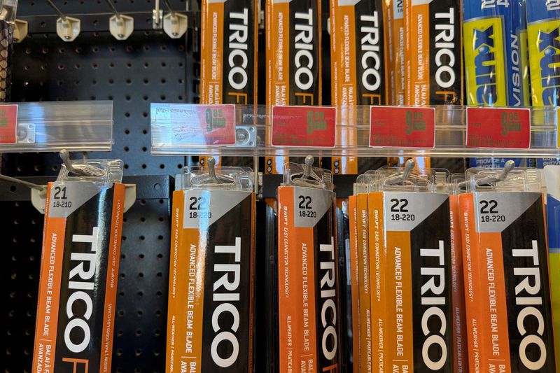 FILE PHOTO: Trico windshield wiper blades, manufactured by the auto parts maker First Brands, are displayed for sale in Medford, Massachusetts, U.S., October 21, 2025.   REUTERS/Brian Snyder/File Photo
