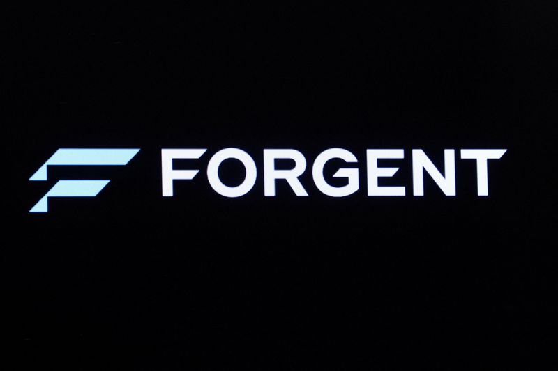 A screen displays the company logo for Forgent Power, during the IPO at the New York Stock Exchange (NYSE) in New York City, U.S., February 5, 2026.  REUTERS/Brendan McDermid