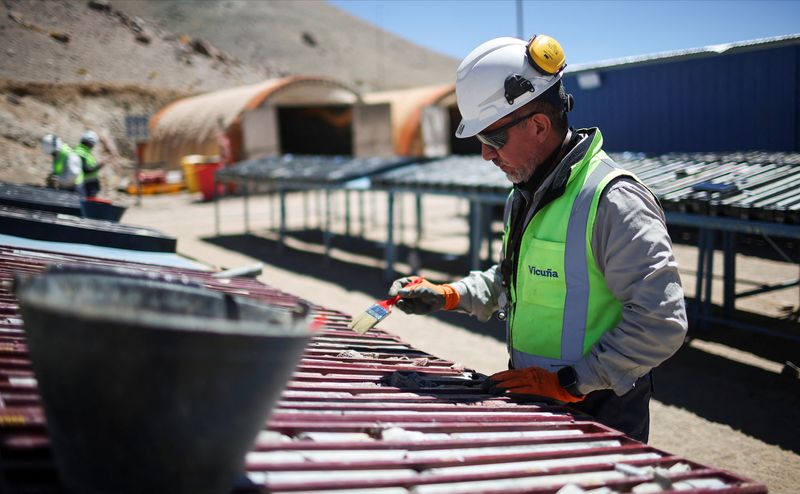 Juan Arrieta, Geology Manager at Vicuna, works on drill core samples at the Batidero camp, during ongoing exploration activities for the company’s mining projects, in Iglesia, San Juan province, Argentina February 3, 2026. REUTERS/Agustin Marcarian