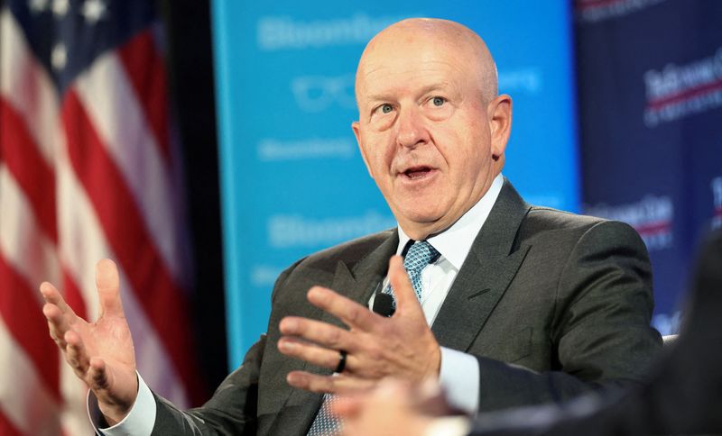 FILE PHOTO: Goldman Sachs CEO David Solomon speaks during an interview at the Economic Club of Washington in Washington, D.C., U.S., October 30, 2025. REUTERS/Kevin Lamarque/File Photo