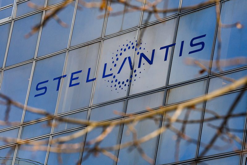 The logo of Stellantis sits on the company's building in Poissy, near Paris, France, February 26, 2025. REUTERS/Stephanie Lecocq