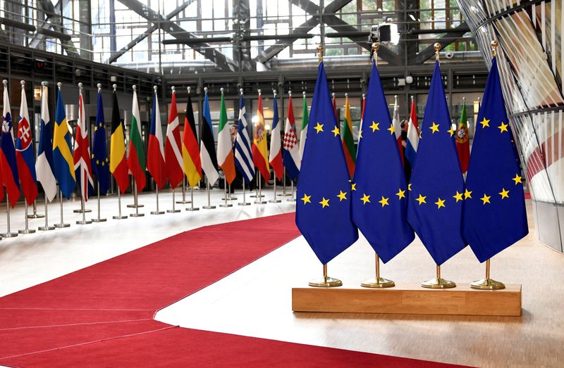 FILE PHOTO: EU member states national flags are seen before a European Union leaders summit, in Brussels, Belgium July 2, 2019. REUTERS/Piroschka Van De Wouw/File Photo