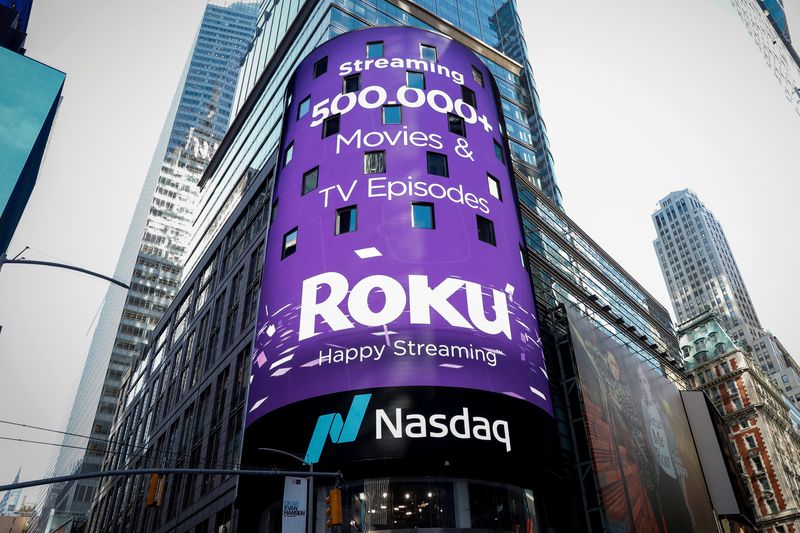 A video sign displays the logo for Roku Inc, a Fox-backed video streaming firm, in Times Square after the company's IPO at the Nasdaq Market in New York, U.S., September 28, 2017. REUTERS/Brendan McDermid