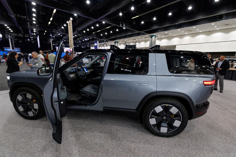 A Rivian R2 electric SUV vehicle is shown at the LA Auto show "AutoMobility LA" in Los Angeles, California, U.S. November 20, 2025.  REUTERS/Mike Blake