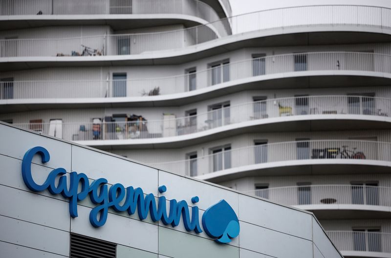A Capgemini logo is seen at the company's office in Nantes, France, February 13, 2024. REUTERS/Stephane Mahe