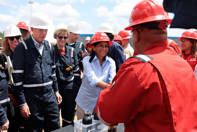 Venezuela's interim President Delcy Rodriguez, U.S. Energy Secretary Chris Wright and U.S. Charge d'Affaires for Venezuela Laura Dogu visit oil production facilities at the joint venture between Chevron and state oil company PDVSA in the Orinoco Oil Belt, following an agreement to pursue long-term energy cooperation after recent sanction relief and legal reforms that opened Venezuela's oil sector to greater foreign investment, in Maturin, Monagas state, Venezuela February 12, 2026. Miraflores Palace/Handout via REUTERS