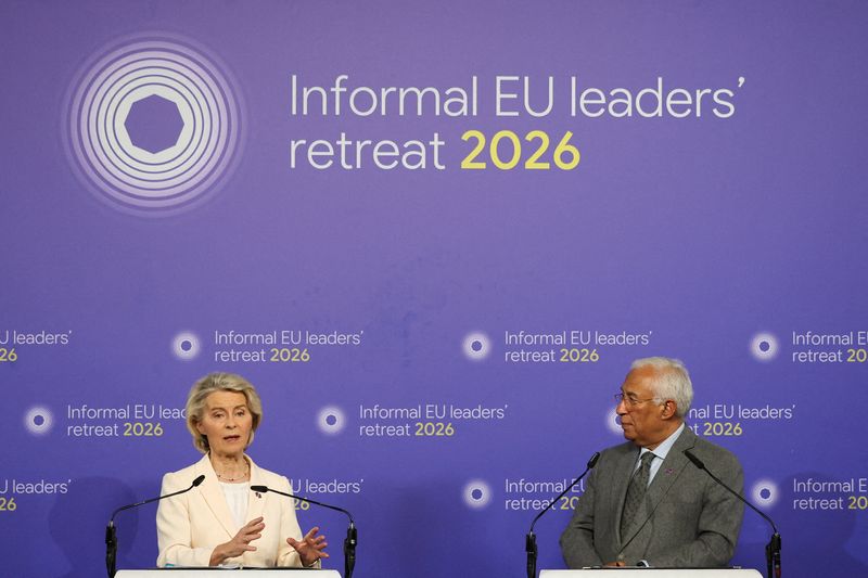 FILE PHOTO: European Commission President Ursula von der Leyen and European Council’s President Antonio Costa hold a press conference on the day of an informal European Union leaders retreat at Alden Biesen castle, Belgium, February 12, 2026. REUTERS/Murad Sezer/File Photo