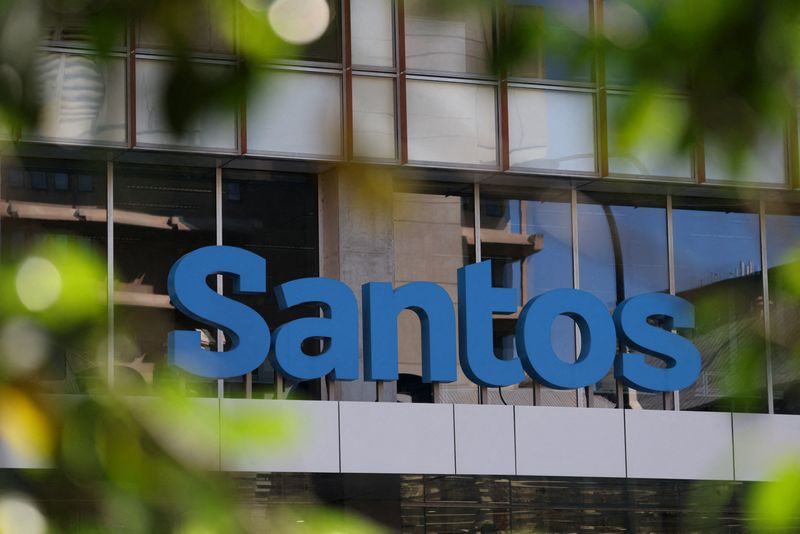 FILE PHOTO: A Santos logo is visible outside their headquarters in Adelaide, Australia, September 18, 2025. REUTERS/Hollie Adams/File Photo