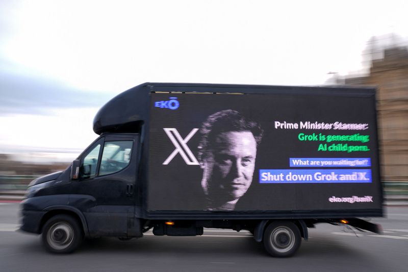 A billboard organised by corporate accountability group Eko passes through Westminster urging the Prime Minister to stand up to Elon Musk and ban X and Grok, in London, Britain, January 14, 2026. REUTERS/Maja Smiejkowska