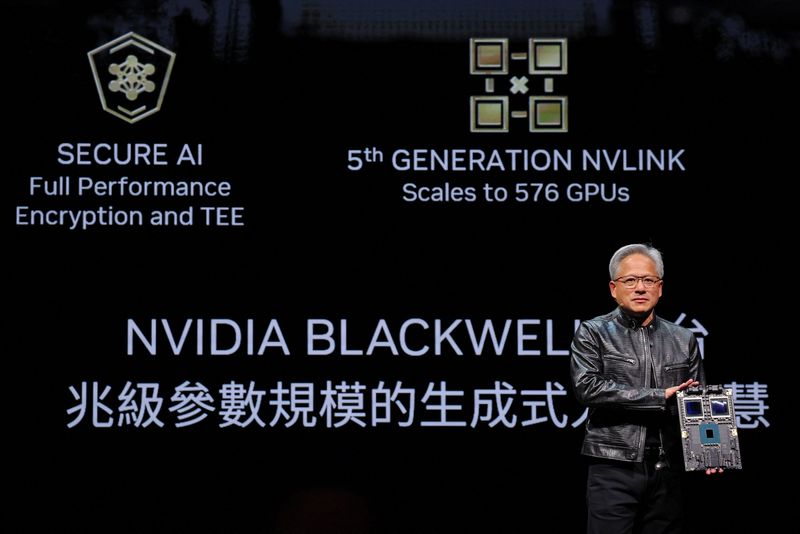 Nvidia CEO Jensen Huang present NVIDIA Blackwell platform at an event ahead of the COMPUTEX forum, in Taipei, Taiwan June 2, 2024. REUTERS/Ann Wang
