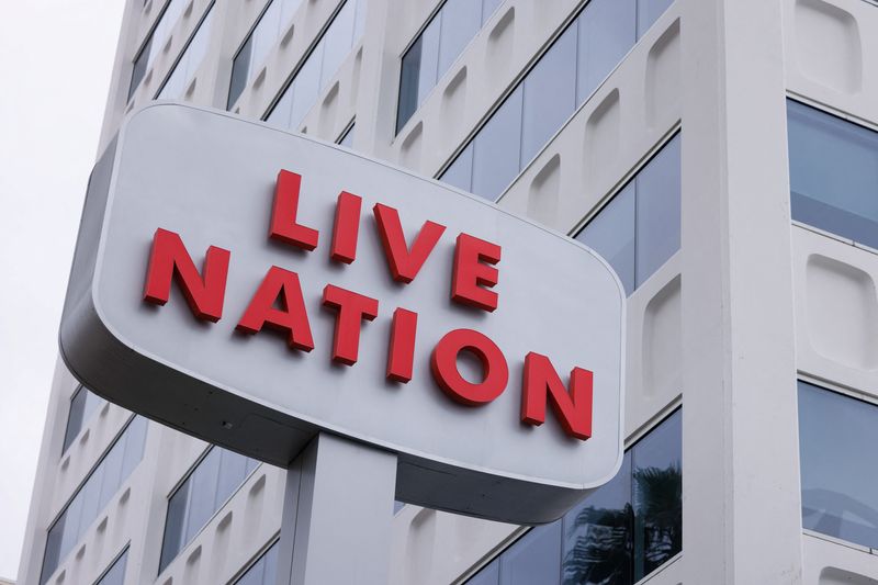 A Live Nation sign and office building stand along Hollywood Blvd, after the U.S. Department of Justice and a group of states filed an antitrust lawsuit against Live Nation Entertainment, in Los Angeles, California, U.S., May 23, 2024.  REUTERS/Mike Blake